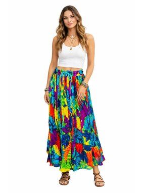 TARA Colorful Pleated Boho Maxi Skirt 100% Cotton Tropical Print Crinkle Texture